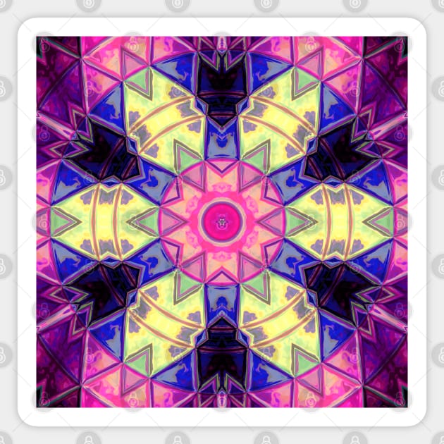 Mosaic Kaleidoscope Flower Pink Yellow and Blue Sticker by WormholeOrbital